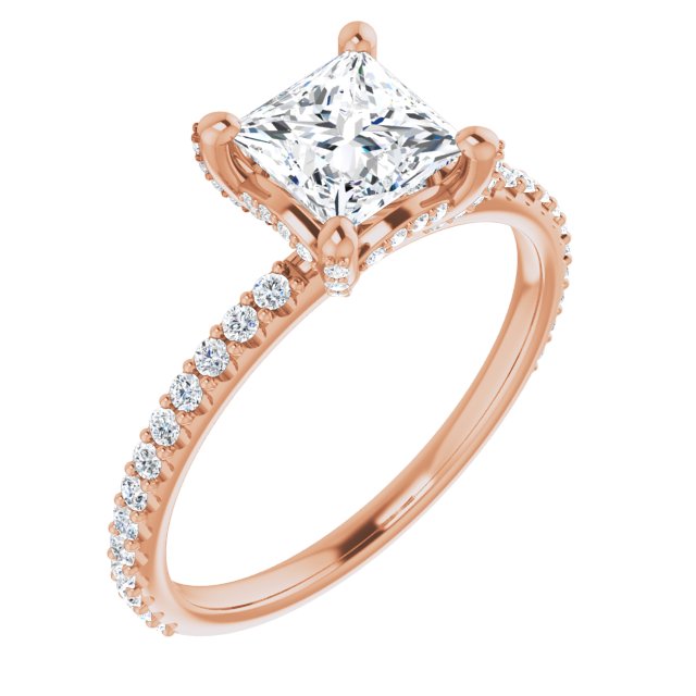 10K Rose Gold Customizable Princess/Square Cut Design with Round-Accented Band, Micropav? Under-Halo and Decorative Prong Accents)