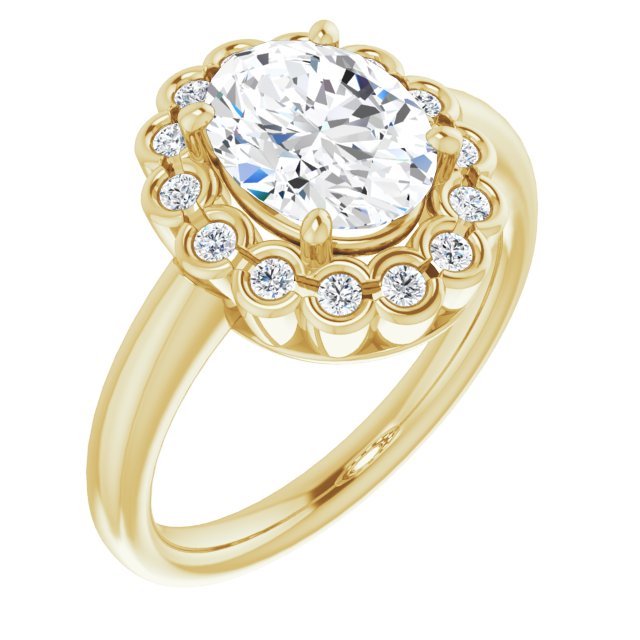 10K Yellow Gold Customizable 13-stone Oval Cut Design with Floral-Halo Round Bezel Accents