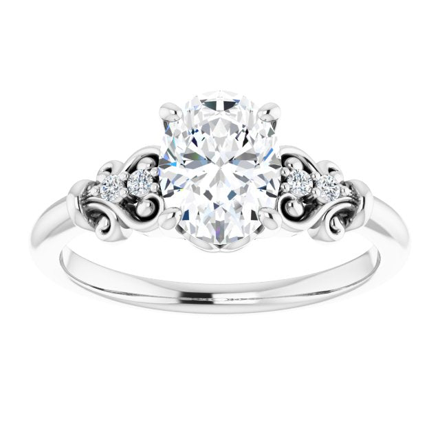 Cubic Zirconia Engagement Ring- The Amice (Customizable Vintage 5-stone Design with Oval Cut Center and Artistic Band Décor)