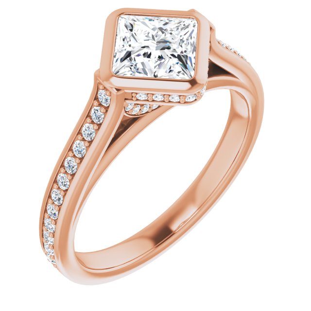 18K Rose Gold Customizable Cathedral-Bezel Princess/Square Cut Design with Under Halo and Shared Prong Band