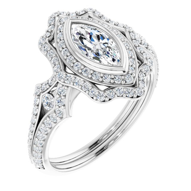 10K White Gold Customizable Marquise Cut Style with Ultra-wide Pavé Split-Band and Nature-Inspired Double Halo