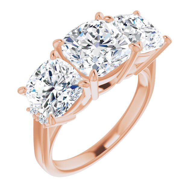 10K Rose Gold Customizable Triple Cushion Cut Design with Quad Vertical-Oriented Round Accents