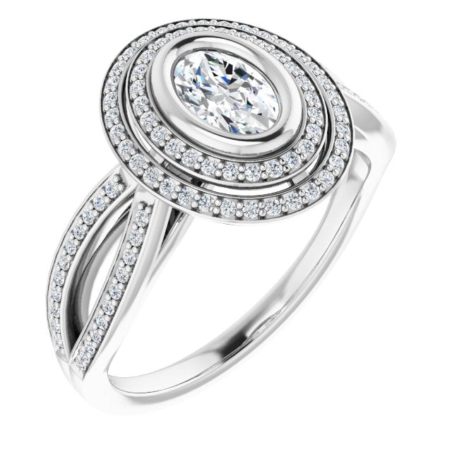 10K White Gold Customizable Bezel-set Oval Cut Style with Double Halo and Split Shared Prong Band