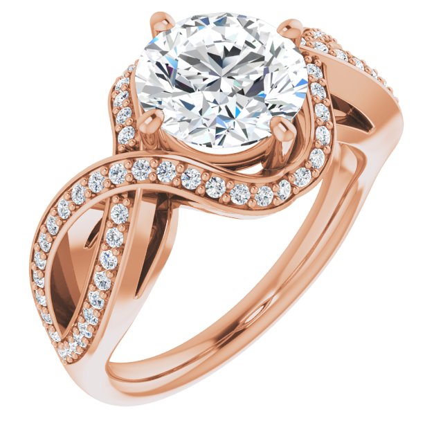 18K Rose Gold Customizable Round Cut Design with Twisting, Infinity-Shared Prong Split Band and Bypass Semi-Halo
