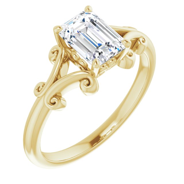 10K Yellow Gold Customizable Emerald/Radiant Cut Solitaire with Band Flourish and Decorative Trellis