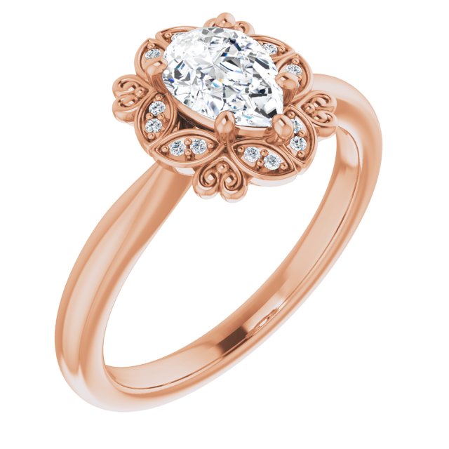 10K Rose Gold Customizable Pear Cut Design with Floral Segmented Halo & Sculptural Basket