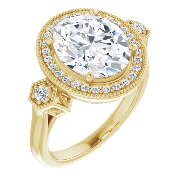 10K Yellow Gold Customizable Cathedral Oval Cut Design with Halo and Delicate Milgrain