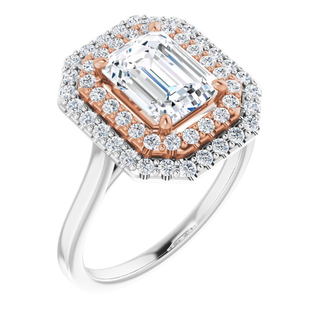 14K White & Rose Gold Customizable Cathedral-set Emerald/Radiant Cut Design with Double Halo