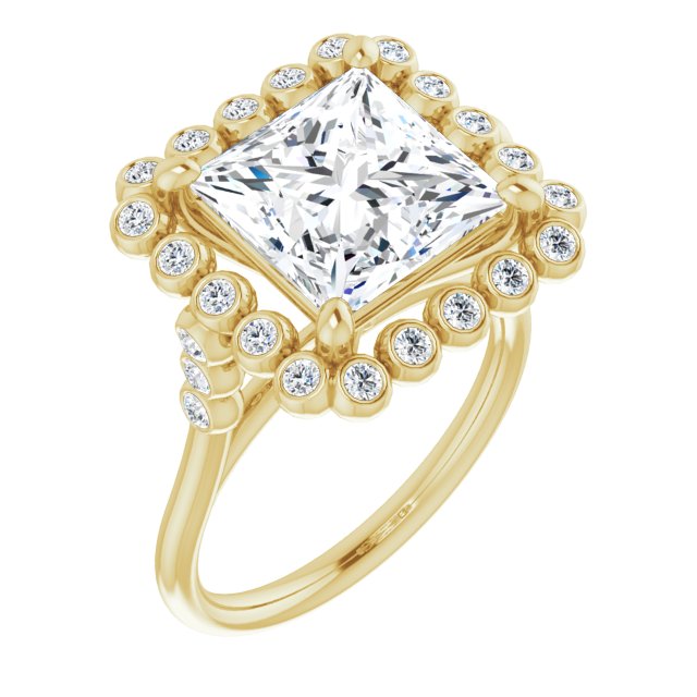 10K Yellow Gold Customizable Princess/Square Cut Cathedral-Style Clustered Halo Design with Round Bezel Accents