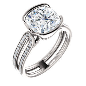 Cubic Zirconia Engagement Ring- The Mariela (Customizable Cathedral-Bezel Cushion Cut Style with Wide Straight Split-Pavé Band)