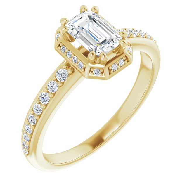 10K Yellow Gold Customizable Emerald/Radiant Cut Design with Geometric Under-Halo and Shared Prong Band