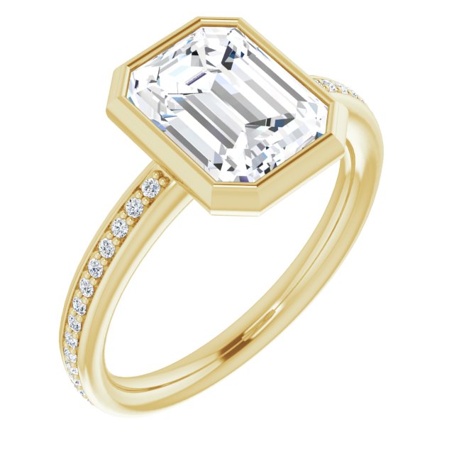 10K Yellow Gold Customizable Bezel-Set Emerald/Radiant Cut Center with Thin Shared Prong Band