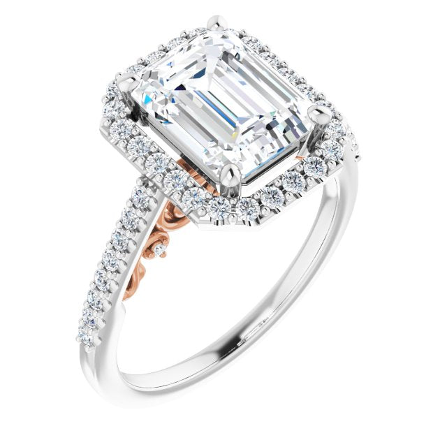 14K White & Rose Gold Customizable Cathedral-Halo Emerald/Radiant Cut Design with Carved Metal Accent plus Pavé Band