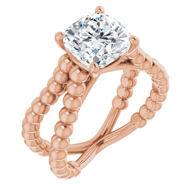 10K Rose Gold Customizable Cushion Cut Solitaire with Wide Beaded Split-Band