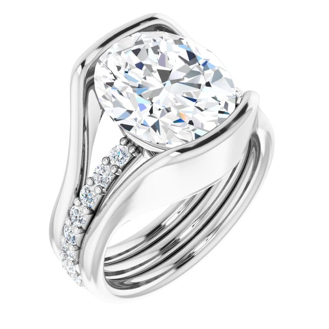 10K White Gold Customizable Bezel-set Oval Cut Style with Thick Pavé Band