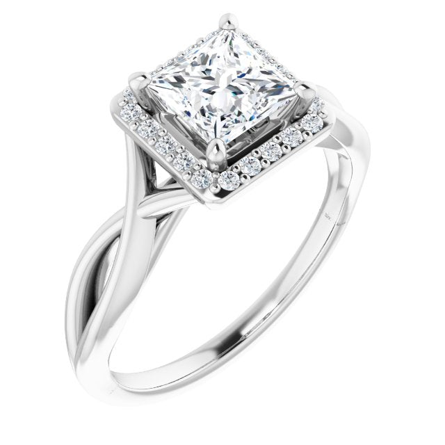 10K White Gold Customizable Cathedral-Halo Princess/Square Cut Design with Twisting Split Band