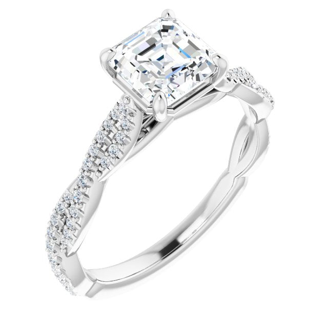 10K White Gold Customizable Asscher Cut Style with Thin and Twisted Micropavé Band