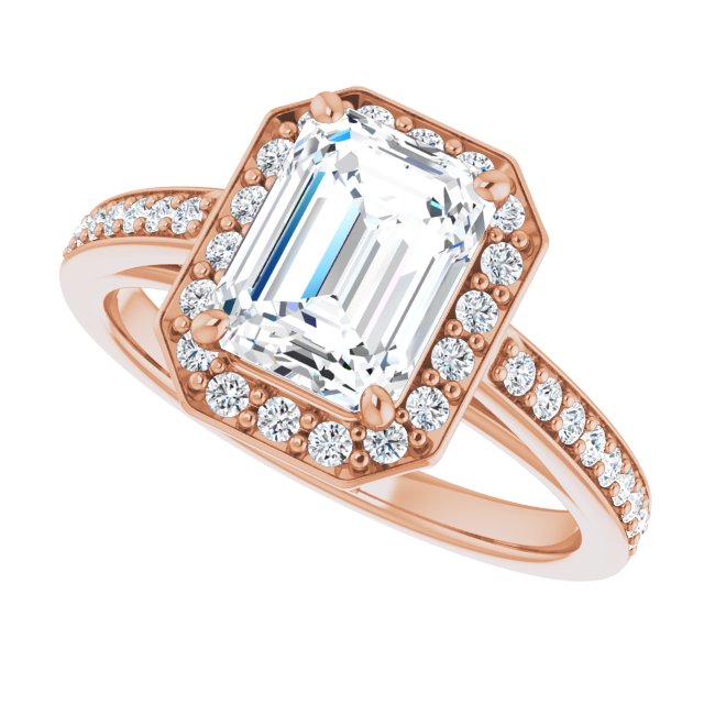 Cubic Zirconia Engagement Ring- The Farrah Michelle (Customizable Emerald Cut Style with Halo and Sculptural Trellis)