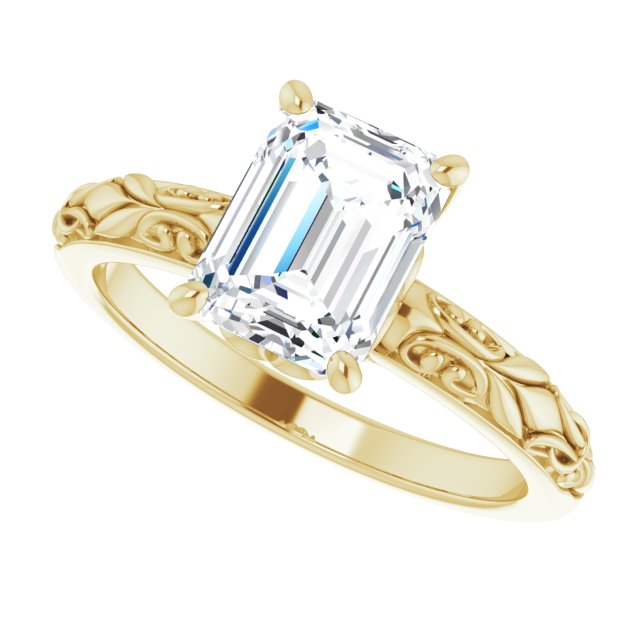 Cubic Zirconia Engagement Ring- The An Chen (Customizable Emerald Cut Solitaire featuring Delicate Metal Scrollwork)