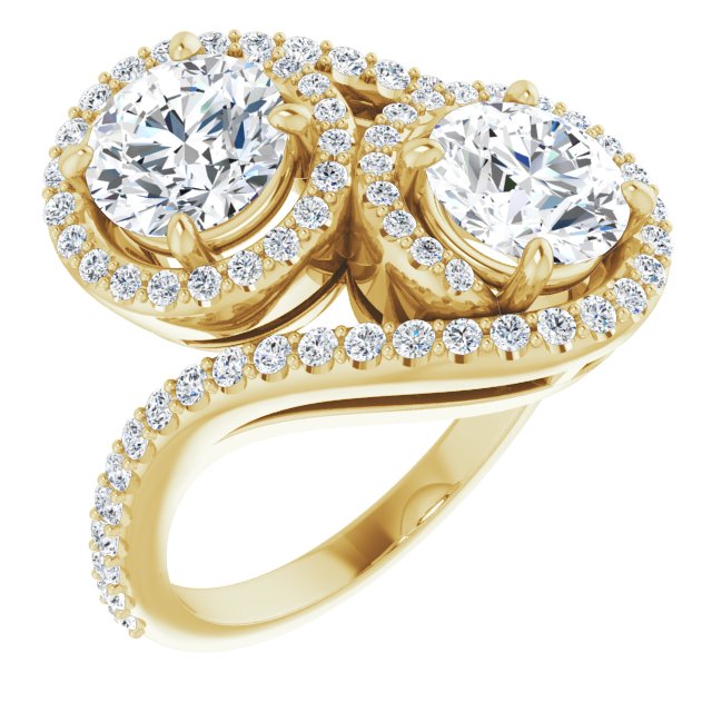 10K Yellow Gold Customizable Double Round Cut 2-Stone Style Enhanced with Accented Artisan Bypass Band