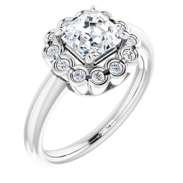 10K White Gold Customizable 13-stone Asscher Cut Design with Floral-Halo Round Bezel Accents