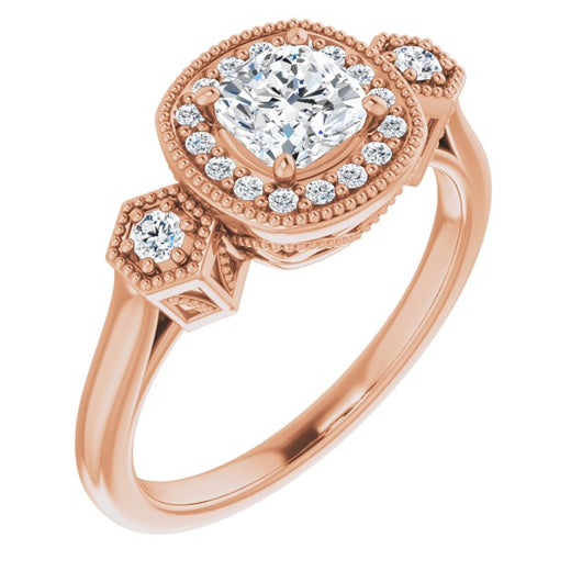 10K Rose Gold Customizable Cathedral Cushion Cut Design with Halo and Delicate Milgrain