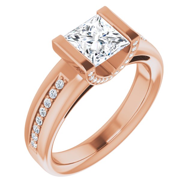 10K Rose Gold Customizable Cathedral-Bar Princess/Square Cut Design featuring Shared Prong Band and Prong Accents