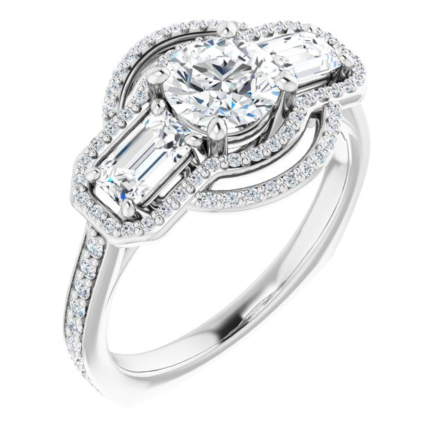 10K White Gold Customizable Enhanced 3-stone Style with Round Cut Center, Emerald Cut Accents, Double Halo and Thin Shared Prong Band