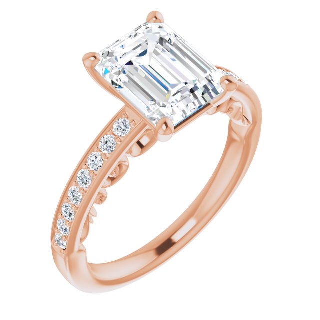 10K Rose Gold Customizable Emerald/Radiant Cut Design featuring 3-Sided Infinity Trellis and Round-Channel Accented Band