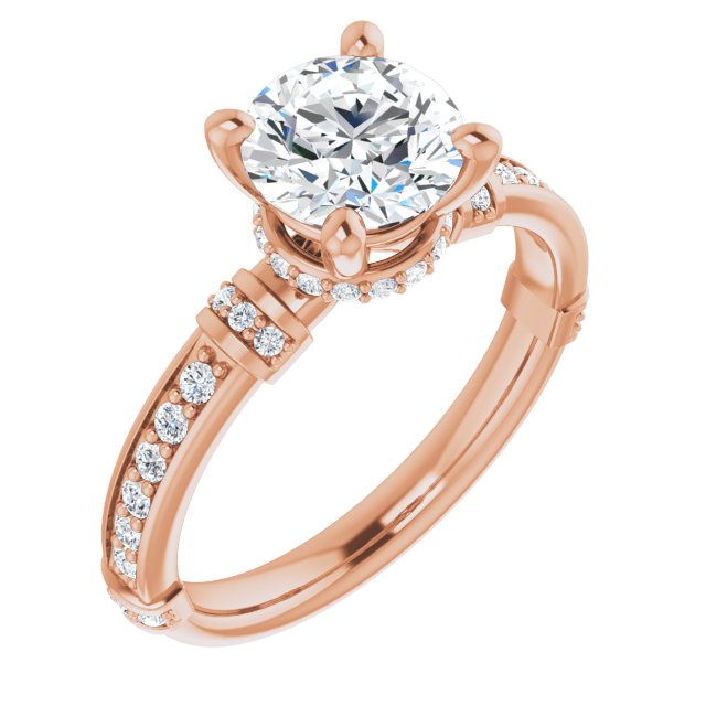10K Rose Gold Customizable Round Cut Style featuring Under-Halo, Shared Prong and Quad Horizontal Band Accents