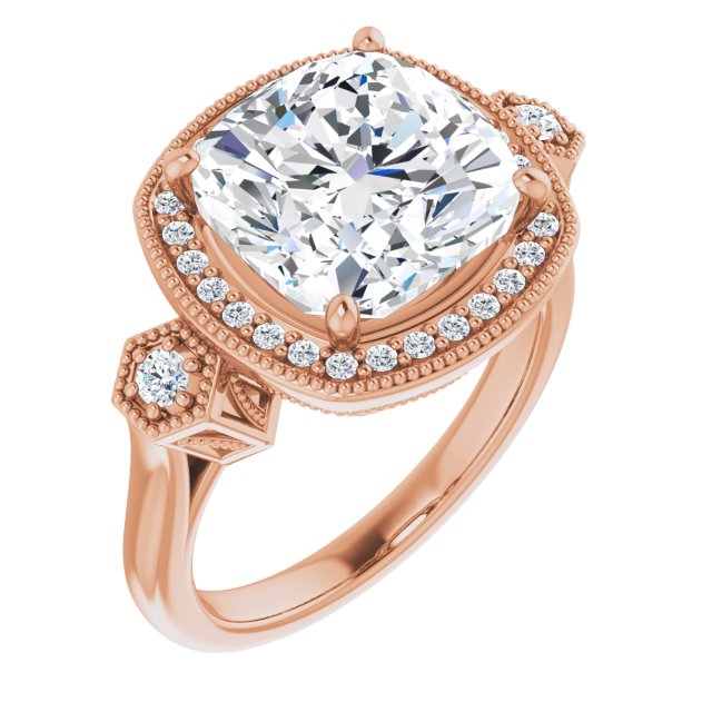 10K Rose Gold Customizable Cathedral Cushion Cut Design with Halo and Delicate Milgrain