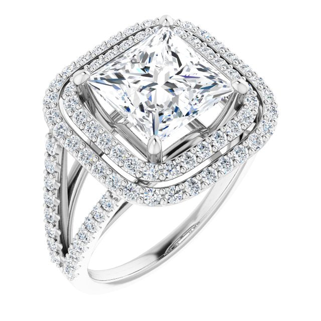 10K White Gold Customizable Princess/Square Cut Design with Double Halo and Wide Split-Pavé Band