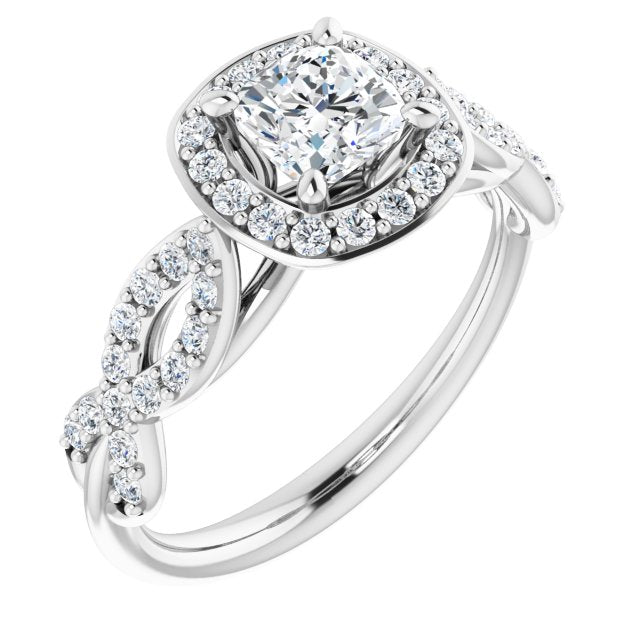 10K White Gold Customizable Cathedral-Halo Cushion Cut Design with Artisan Infinity-inspired Twisting Pavé Band