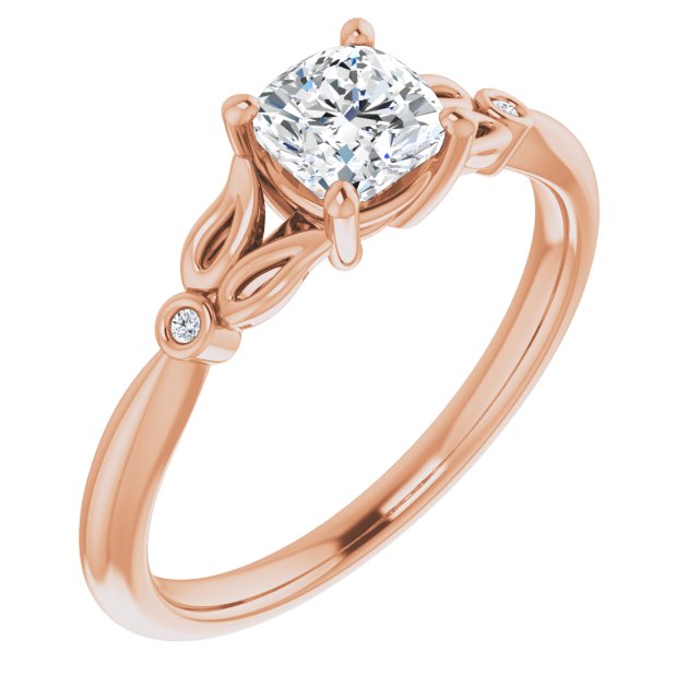 10K Rose Gold Customizable 3-stone Cushion Cut Design with Thin Band and Twin Round Bezel Side Stones