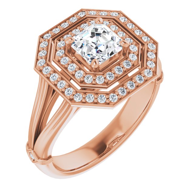 10K Rose Gold Customizable Cathedral-set Asscher Cut Design with Double Halo, Wide Split Band and Side Knuckle Accents