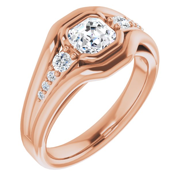 10K Rose Gold Customizable 9-stone Asscher Cut Design with Bezel Center, Wide Band and Round Prong Side Stones