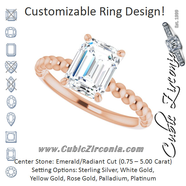 Cubic Zirconia Engagement Ring- The Hattie (Customizable Emerald Cut Solitaire with Thin Beaded-Bubble Band)