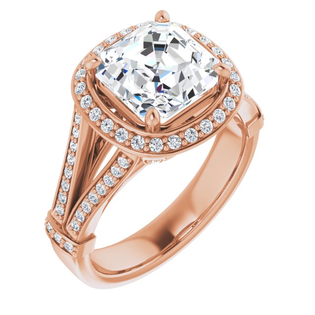 10K Rose Gold Customizable Asscher Cut Setting with Halo, Under-Halo Trellis Accents and Accented Split Band