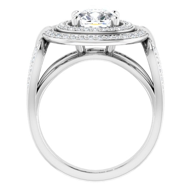 Cubic Zirconia Engagement Ring- The Daksha (Customizable Cathedral-set Cushion Cut Design with Double Halo & Accented Ultra-wide Horseshoe-inspired Split Band)