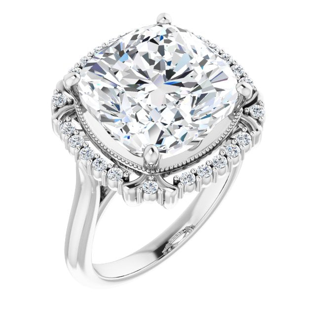 10K White Gold Customizable Cushion Cut Design with Majestic Crown Halo and Raised Illusion Setting