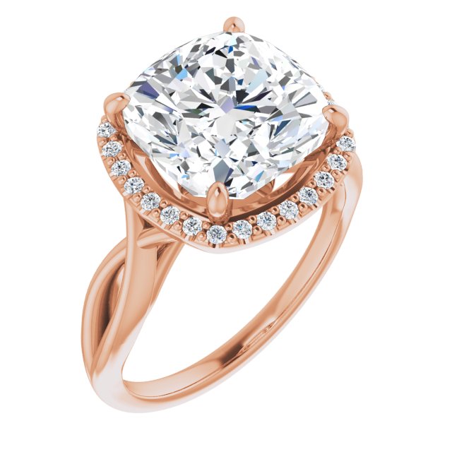 10K Rose Gold Customizable Cathedral-Halo Cushion Cut Design with Twisting Split Band