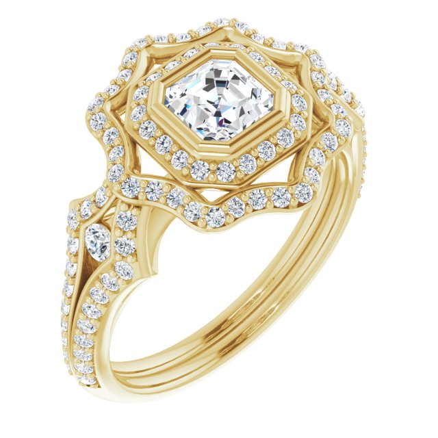 10K Yellow Gold Customizable Asscher Cut Style with Ultra-wide Pavé Split-Band and Nature-Inspired Double Halo