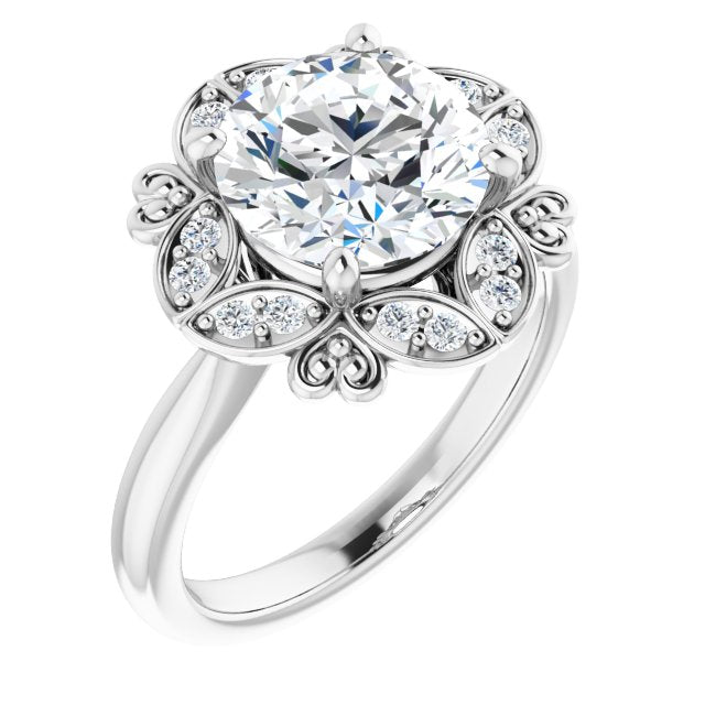 10K White Gold Customizable Round Cut Design with Floral Segmented Halo & Sculptural Basket