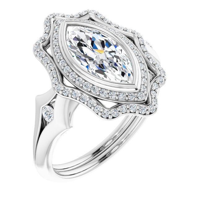 Cubic Zirconia Engagement Ring- The Cyra (Customizable Cathedral-bezel Marquise Cut Design with Floral Double Halo and Channel-Accented Split Band)