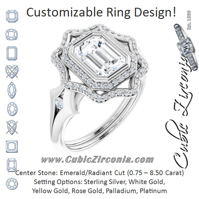Cubic Zirconia Engagement Ring- The Cyra (Customizable Cathedral-bezel Radiant Cut Design with Floral Double Halo and Channel-Accented Split Band)