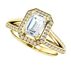 Cubic Zirconia Engagement Ring- The Loren (Customizable Emerald Cut Halo Design featuring Three-sided Twisting Pavé Split Band)