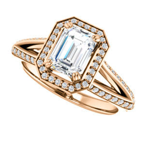 Cubic Zirconia Engagement Ring- The Loren (Customizable Emerald Cut Halo Design featuring Three-sided Twisting Pavé Split Band)