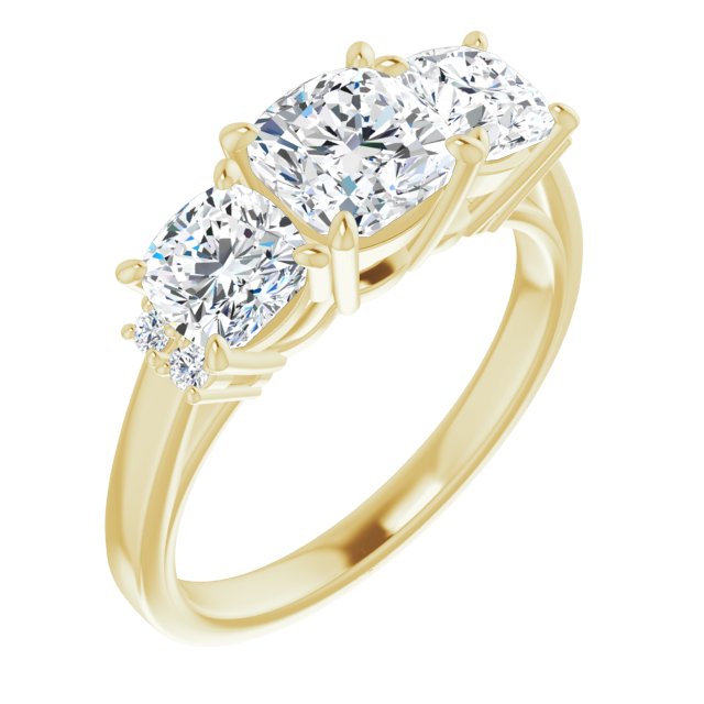 10K Yellow Gold Customizable Triple Cushion Cut Design with Quad Vertical-Oriented Round Accents