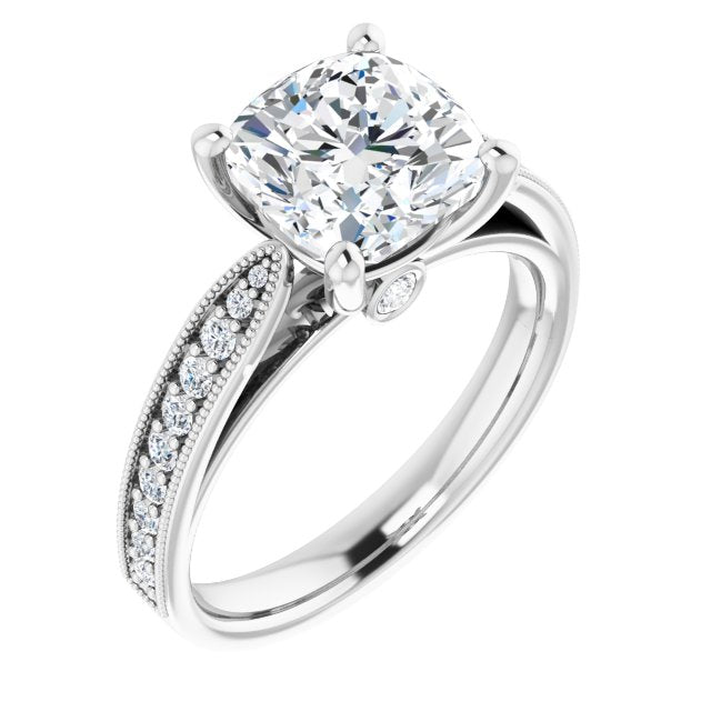 10K White Gold Customizable Cushion Cut Style featuring Milgrained Shared Prong Band & Dual Peekaboos