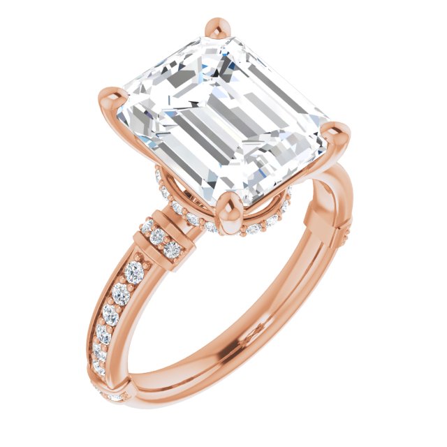 10K Rose Gold Customizable Emerald/Radiant Cut Style featuring Under-Halo, Shared Prong and Quad Horizontal Band Accents